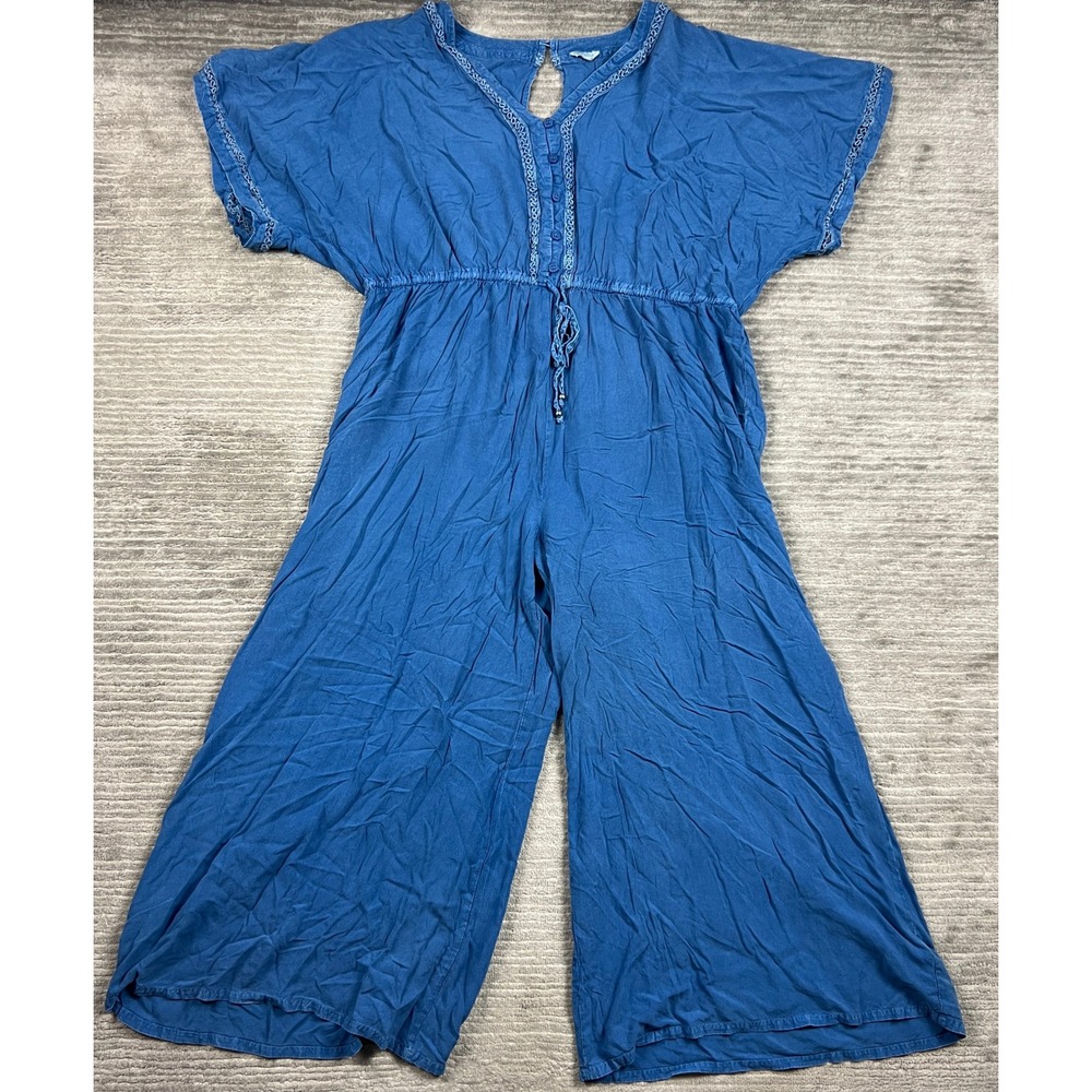 Est. 1946 Jumpsuit Womens XL Blue Wide Leg Embroidered Short Sleeve Boho Casual